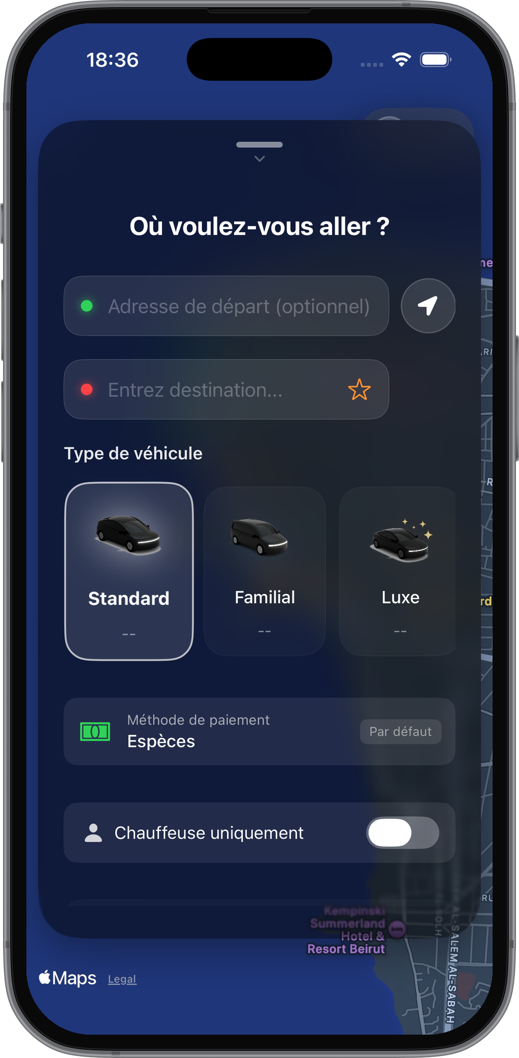 Écran de réservation de l’application Driver en français : adresse de départ, destination, choix du véhicule, mode de paiement et option chauffeuse.