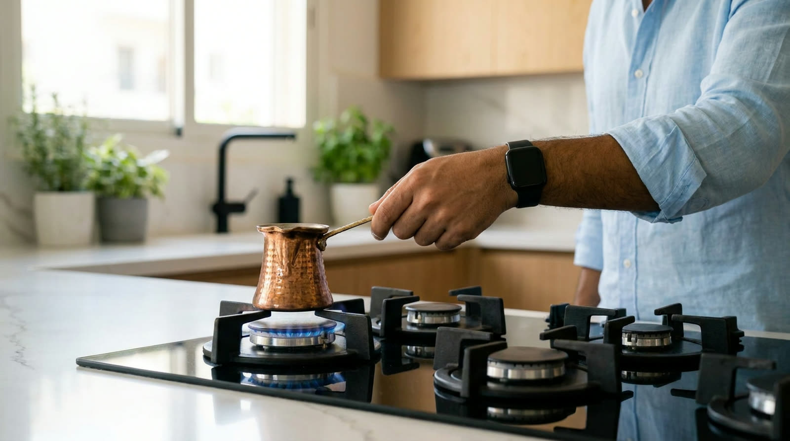 Karim fait chauffer le café dans une cafetière en cuivre, dans sa cuisine, au petit matin.