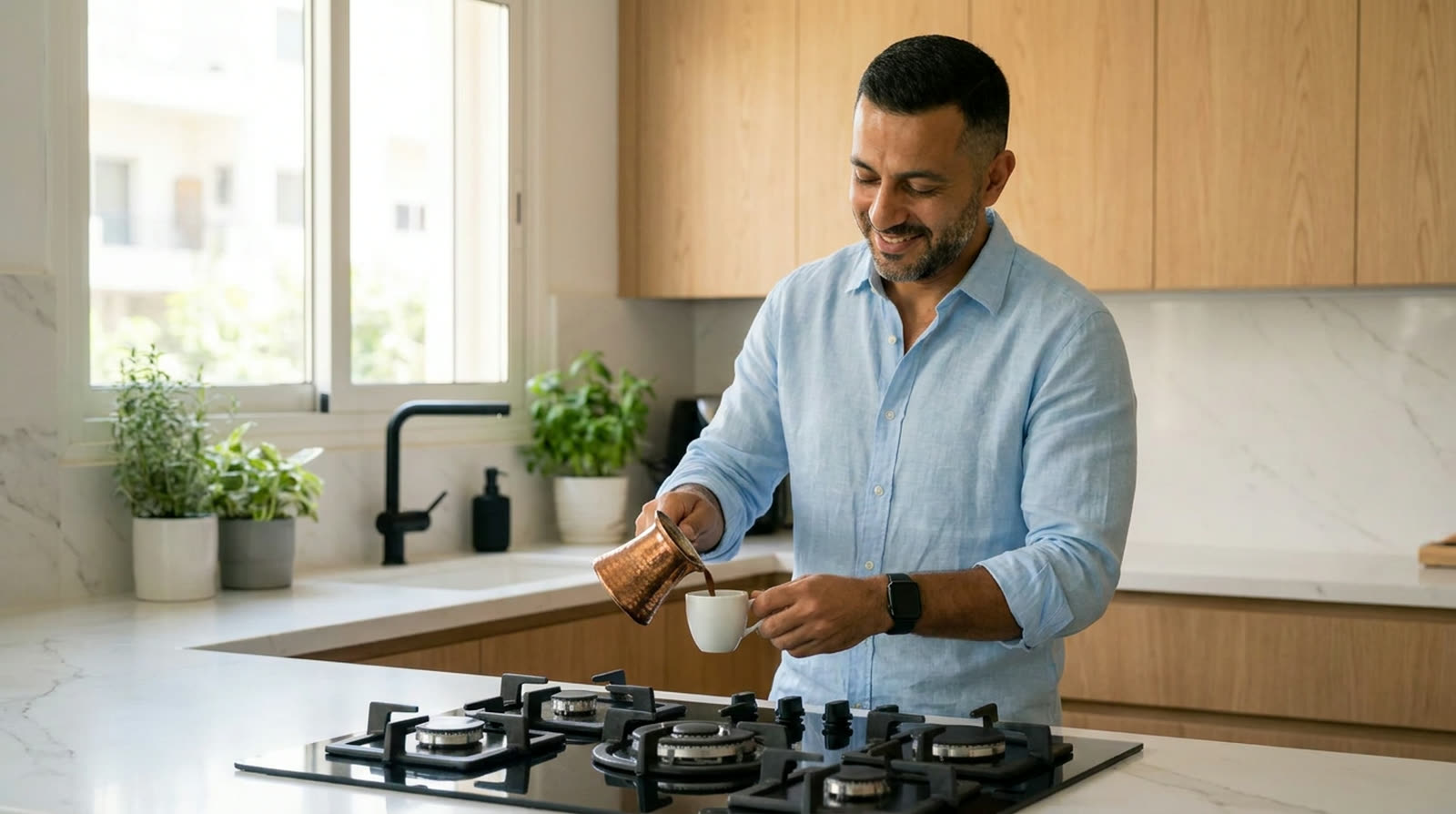 Karim verse le café dans une tasse blanche.