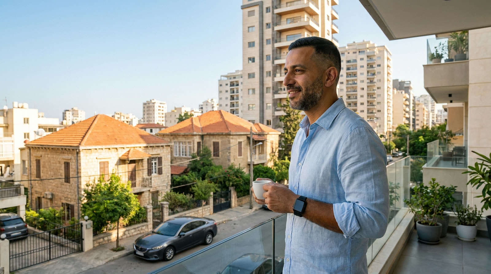 Karim boit son café sur son balcon, au-dessus d'une rue de Beyrouth, en fin de matinée.