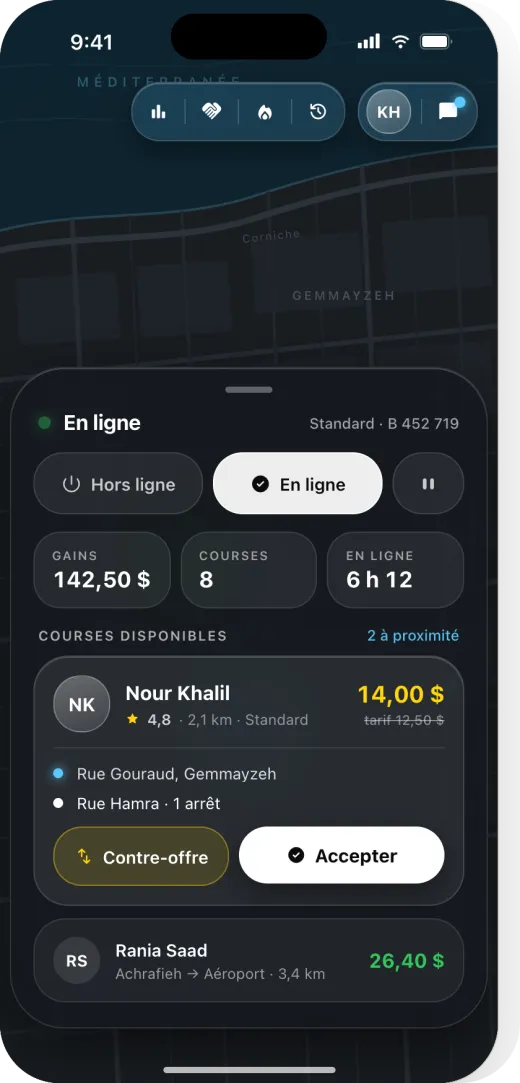 Écran principal de l'app chauffeur